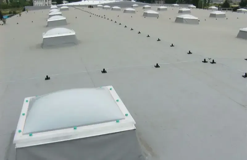 Flat roof with multiple skylights and black fixtures