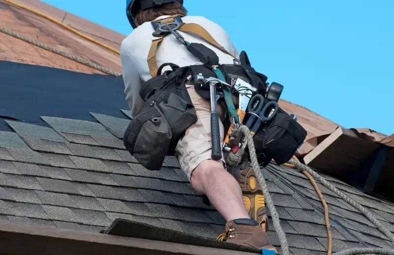 Person repairing a roof with shingles and tools